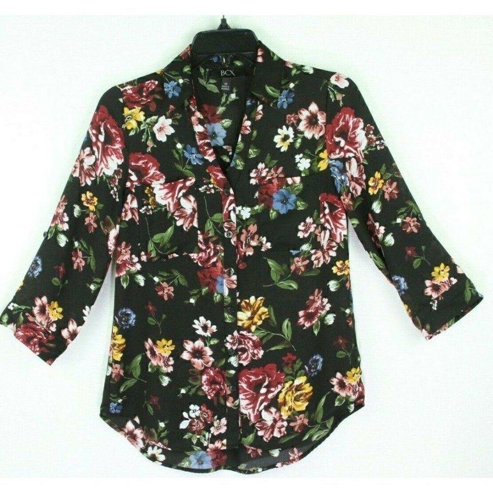 BCX Floral Top 3/4 Roll-Tab Sleeves XS